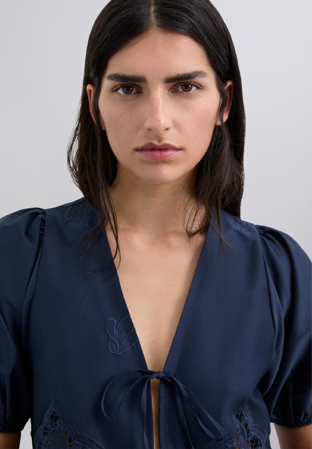 Scalpers EMBROIDERED TIE BLOUSE NAVY