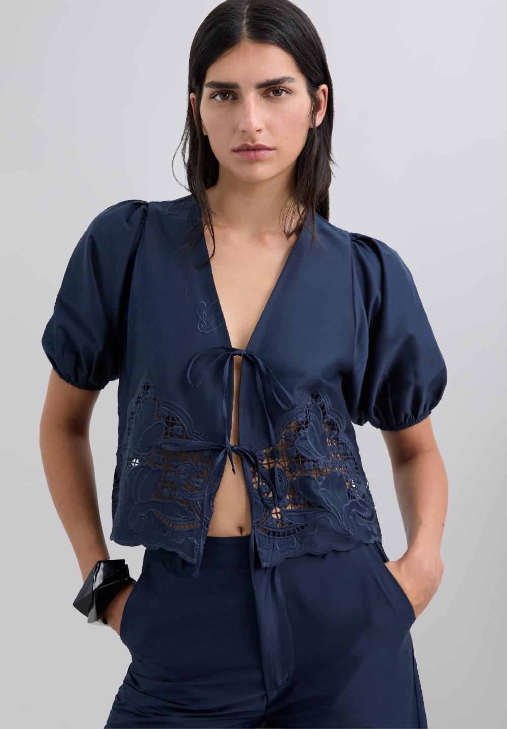 scalpers EMBROIDERED TIE BLOUSE NAVY