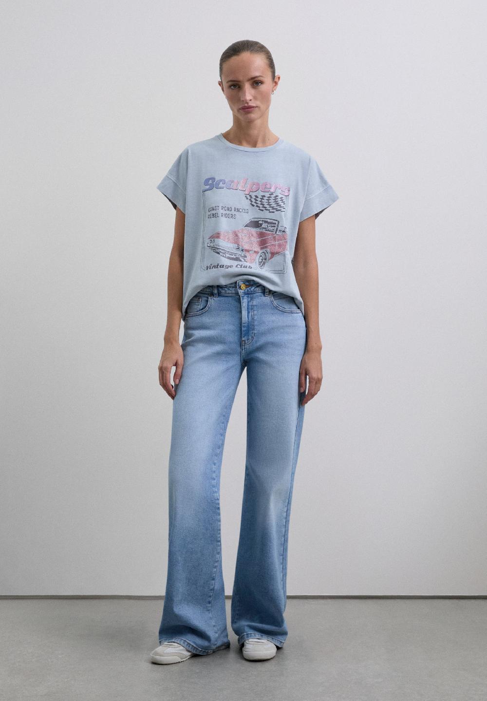 Scalpers FADED T-SHIRT WITH CAR PRINT LIGHT BLUE