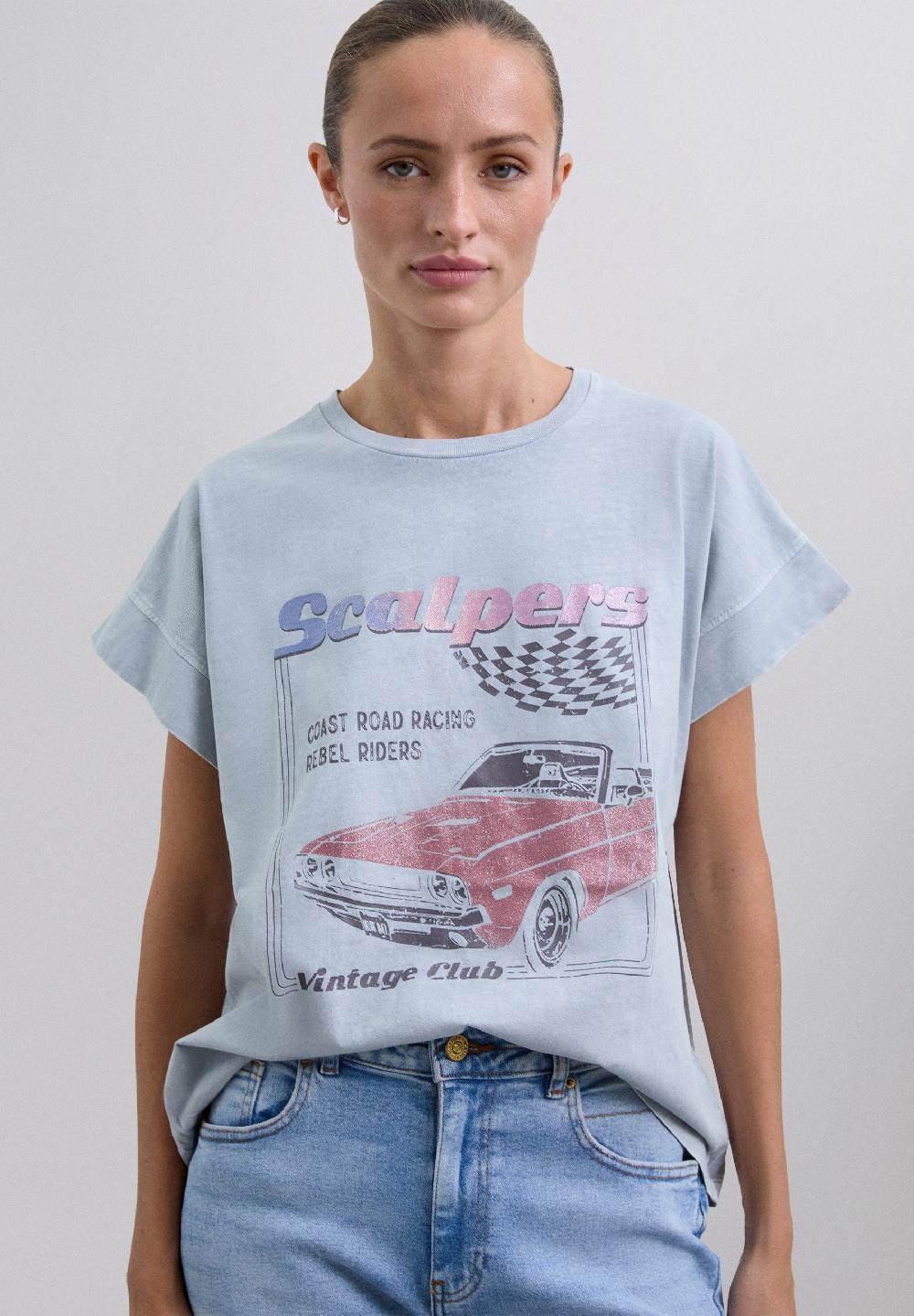 scalpers FADED T-SHIRT WITH CAR PRINT LIGHT BLUE