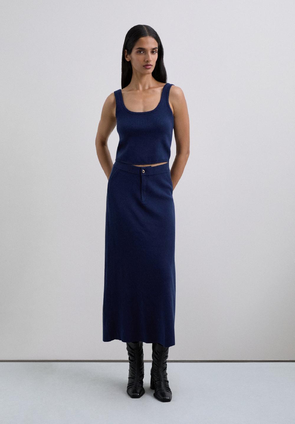 Scalpers KNIT MIDI SKIRT WITH BUTTON NAVY
