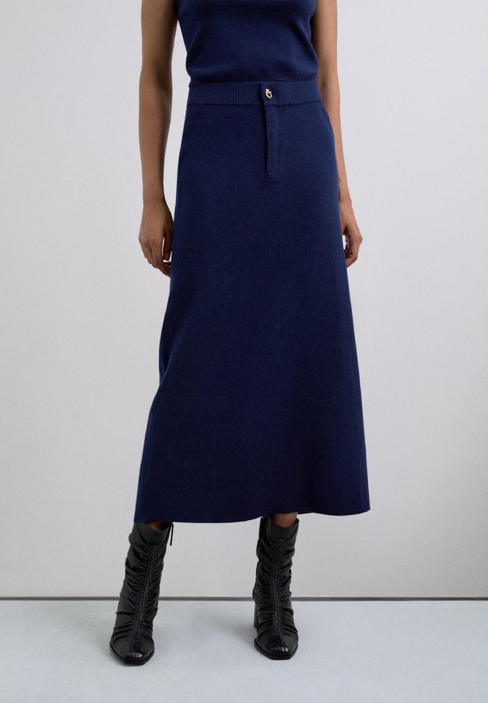 Scalpers KNIT MIDI SKIRT WITH BUTTON NAVY