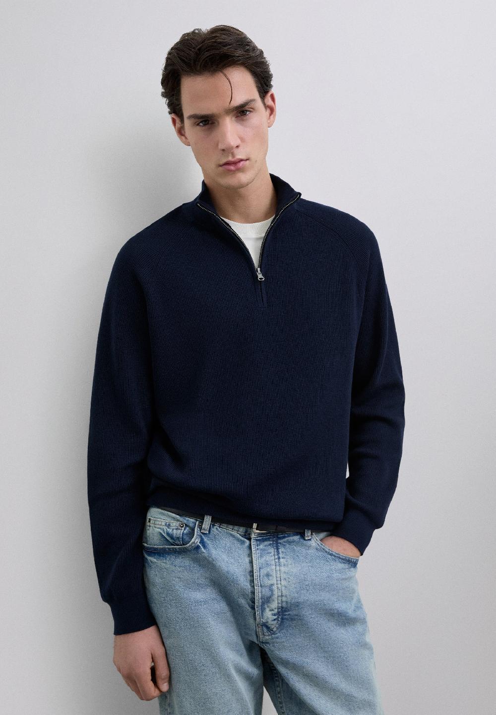 scalpers KNIT SWEATER WITH ZIP-UP MOCK NECK NAVY