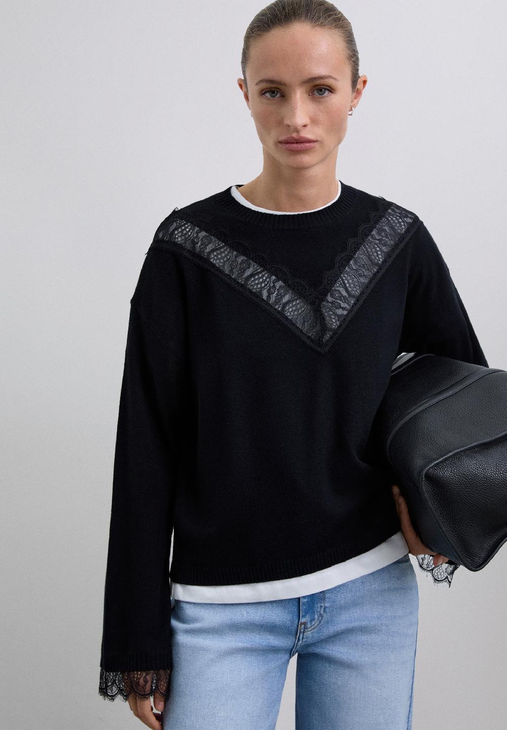 Scalpers LACE DETAIL SWEATER BLACK