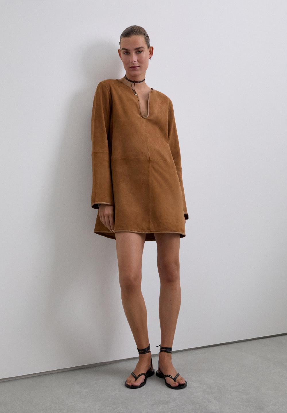 Scalpers LEATHER AND SUEDE MINI DRESS CAMEL
