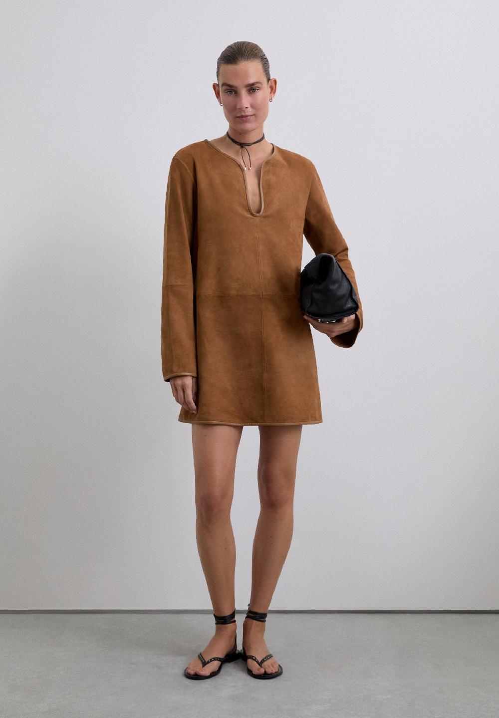 Scalpers LEATHER AND SUEDE MINI DRESS CAMEL