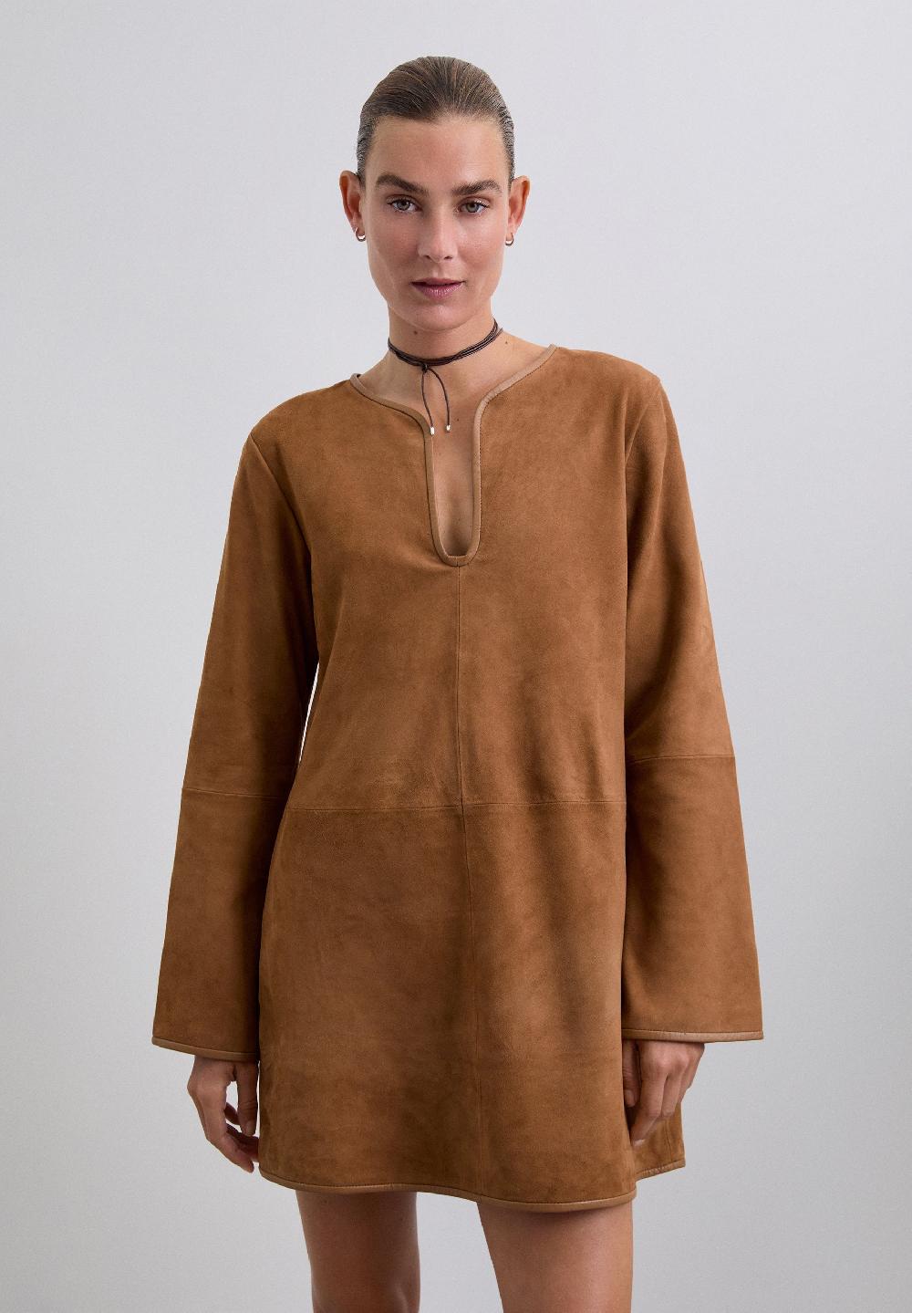 Scalpers LEATHER AND SUEDE MINI DRESS CAMEL