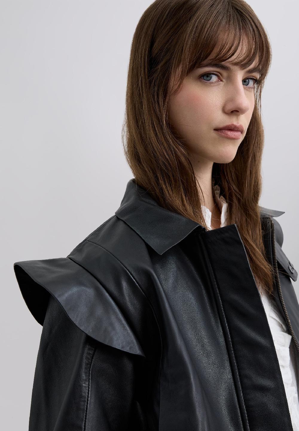 Scalpers LEATHER BOMBER JACKET WITH RUFFLES BLACK