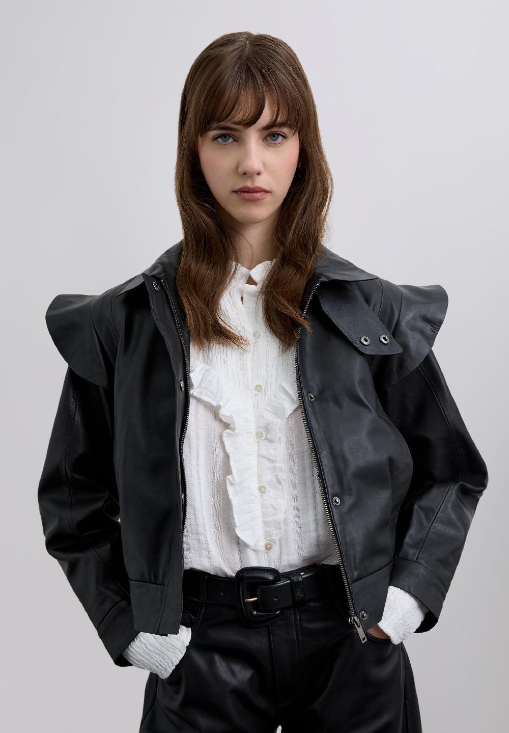 Scalpers LEATHER BOMBER JACKET WITH RUFFLES BLACK