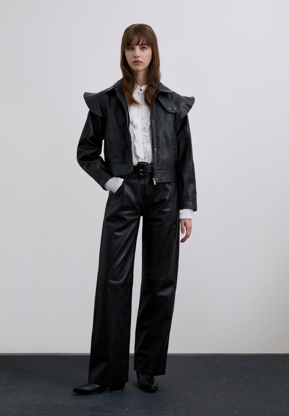 Scalpers LEATHER BOMBER JACKET WITH RUFFLES BLACK