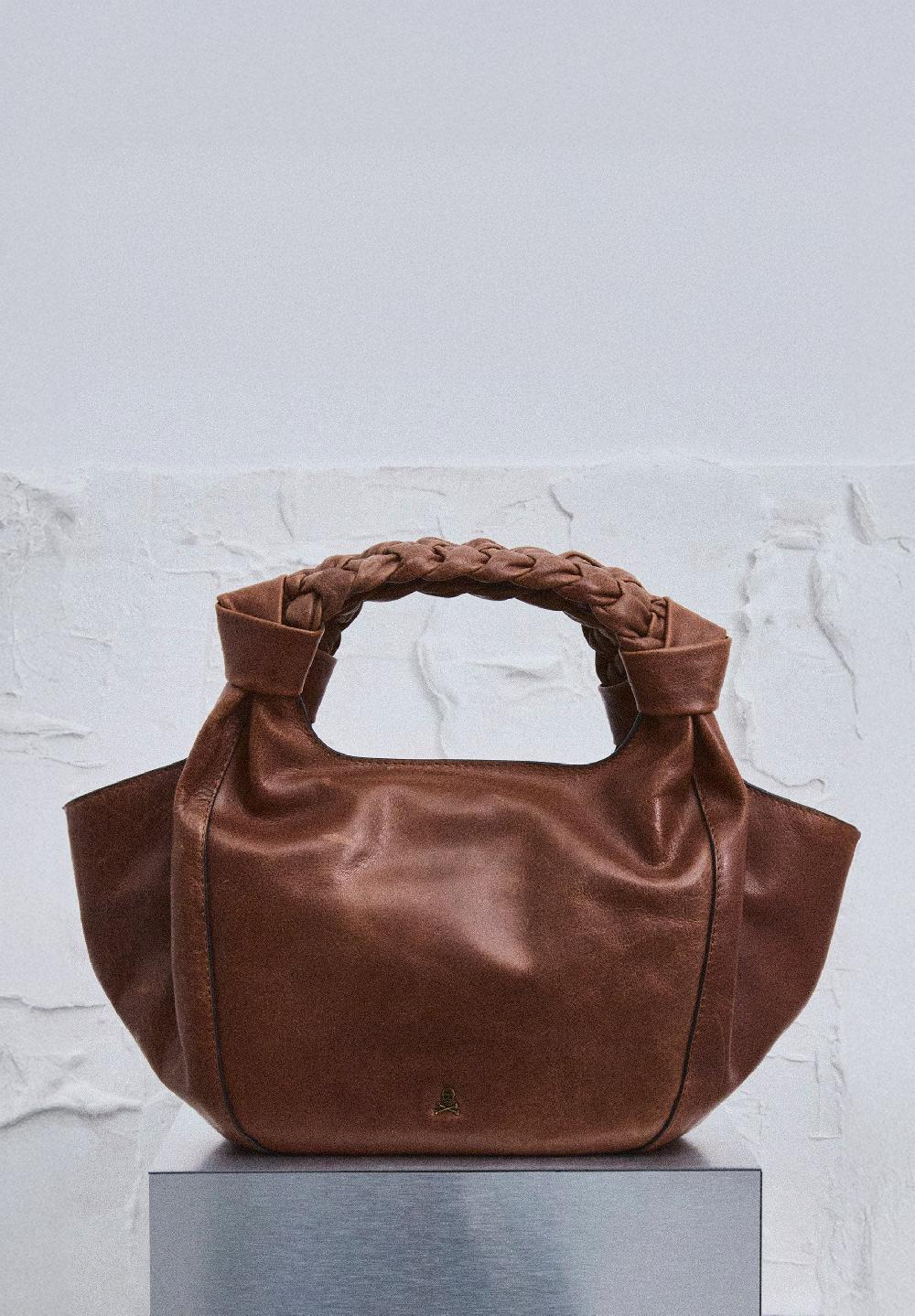 scalpers LEATHER HANDBAG WITH BRAIDED HANDLE BROWN