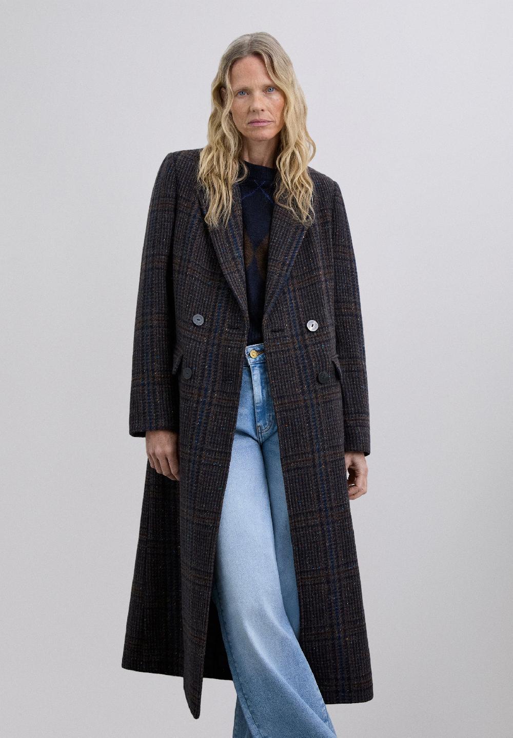 Scalpers LONG WOOL COAT NAVY CHECK