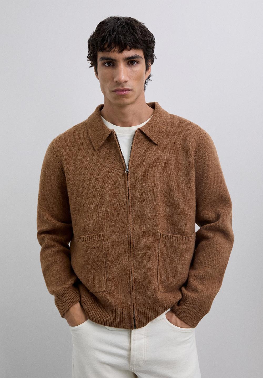 Scalpers MERINO WOOL ZIP-UP CARDIGAN CAMEL