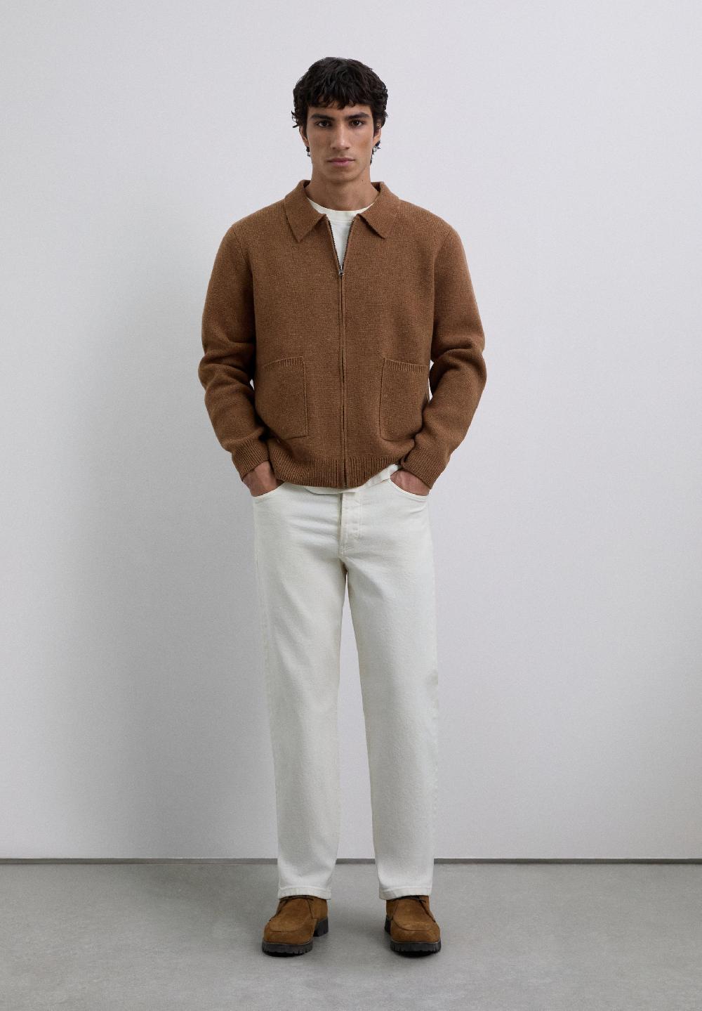 Scalpers MERINO WOOL ZIP-UP CARDIGAN CAMEL