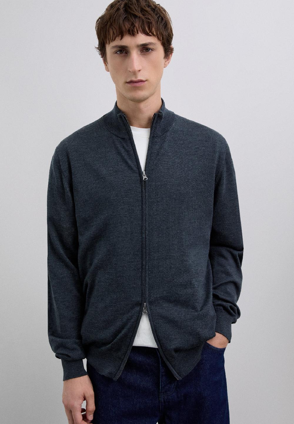 Scalpers MERINO WOOL ZIP-UP CARDIGAN DARK GREY
