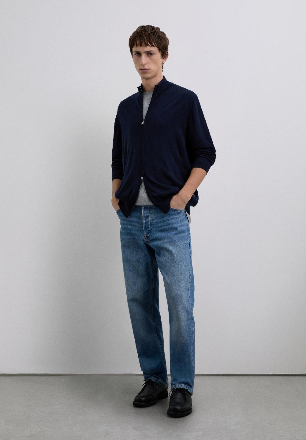 Scalpers MERINO WOOL ZIP-UP CARDIGAN NAVY