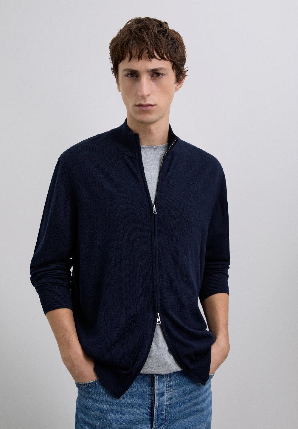 Scalpers MERINO WOOL ZIP-UP CARDIGAN NAVY