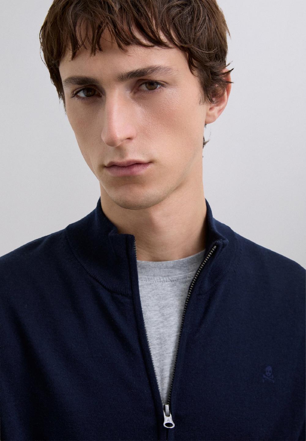 Scalpers MERINO WOOL ZIP-UP CARDIGAN NAVY