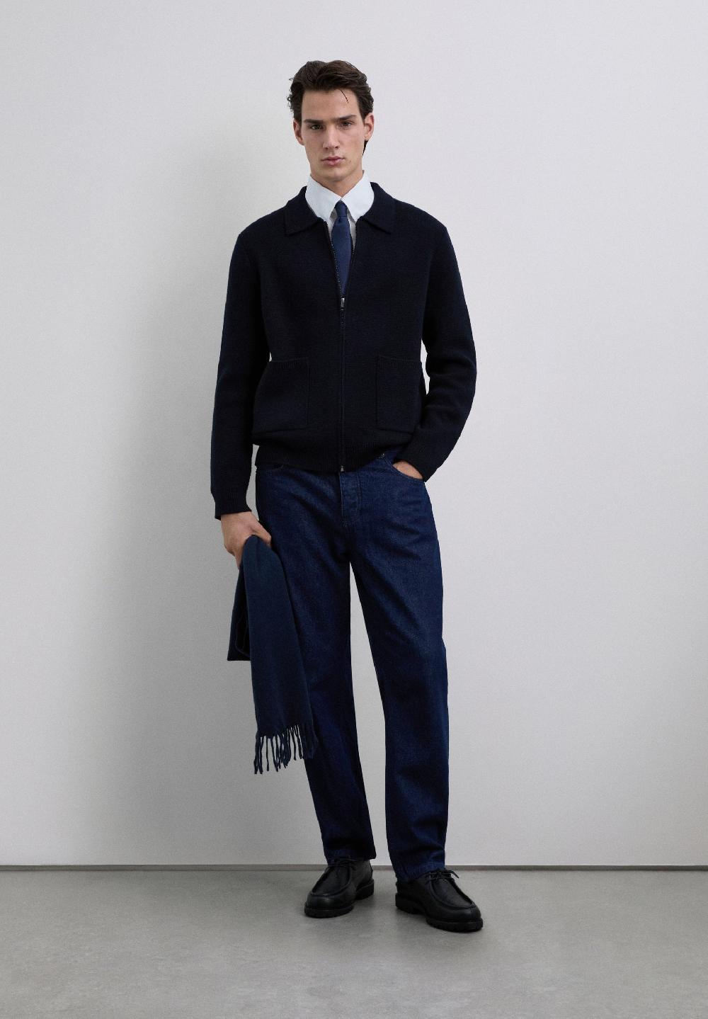 Scalpers MERINO WOOL ZIP-UP CARDIGAN NAVY