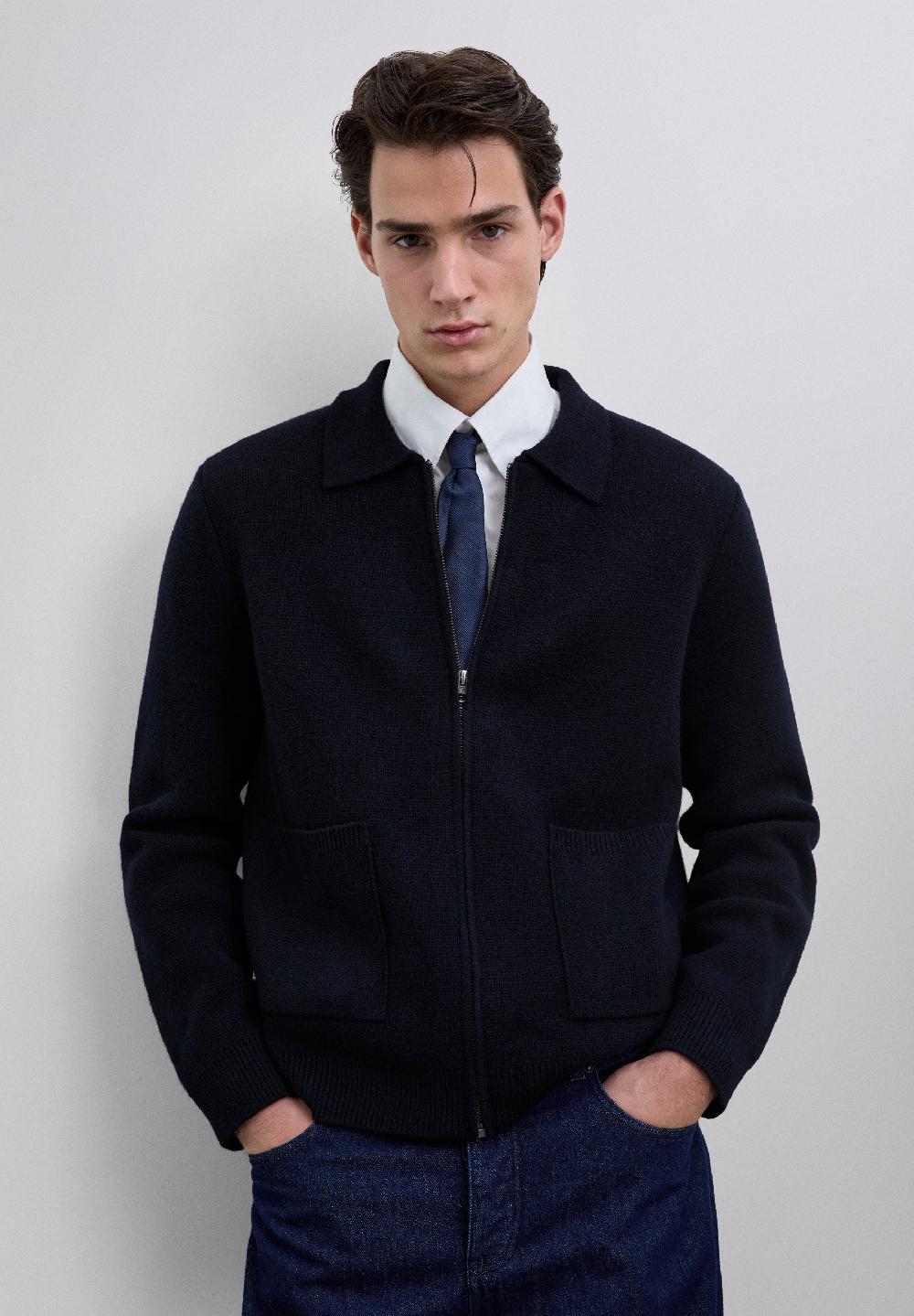 Scalpers MERINO WOOL ZIP-UP CARDIGAN NAVY