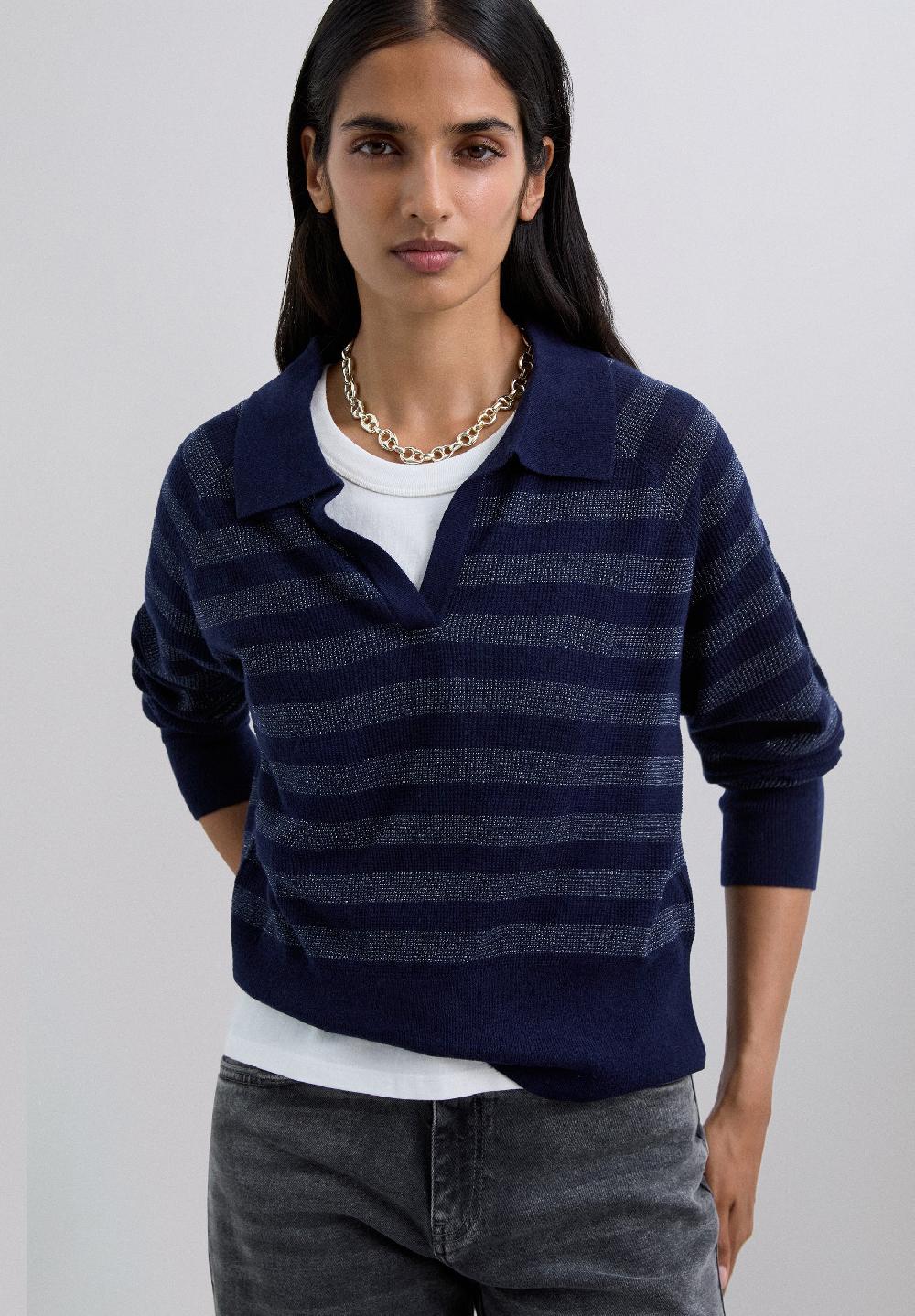 Scalpers METALLIC STRIPE POLO SWEATER NAVY STRIPES
