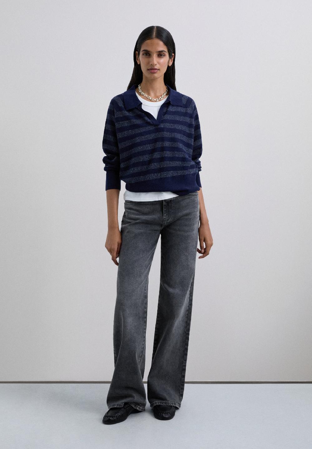 Scalpers METALLIC STRIPE POLO SWEATER NAVY STRIPES