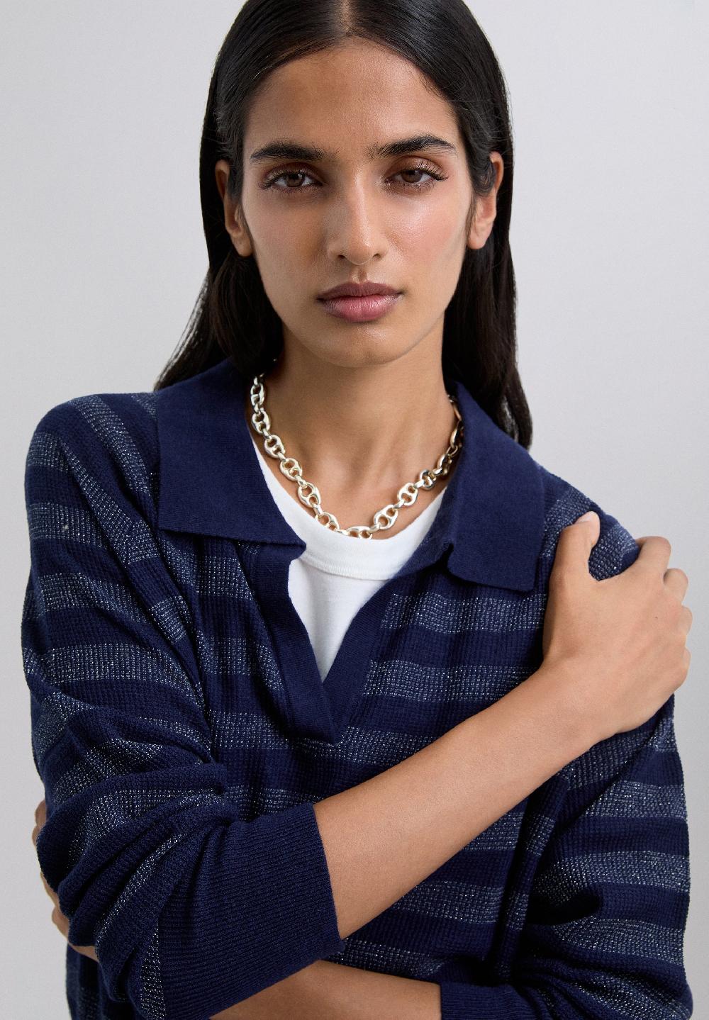 Scalpers METALLIC STRIPE POLO SWEATER NAVY STRIPES