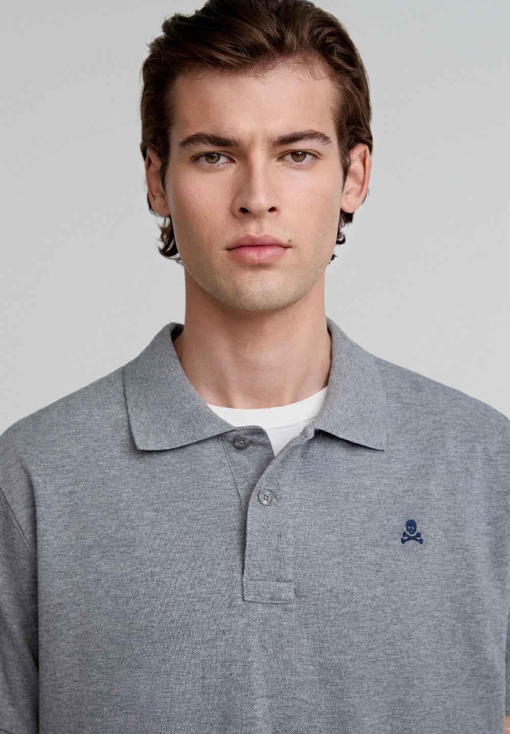Scalpers POLO WITH CONTRAST EMBROIDERED SKULL GREY