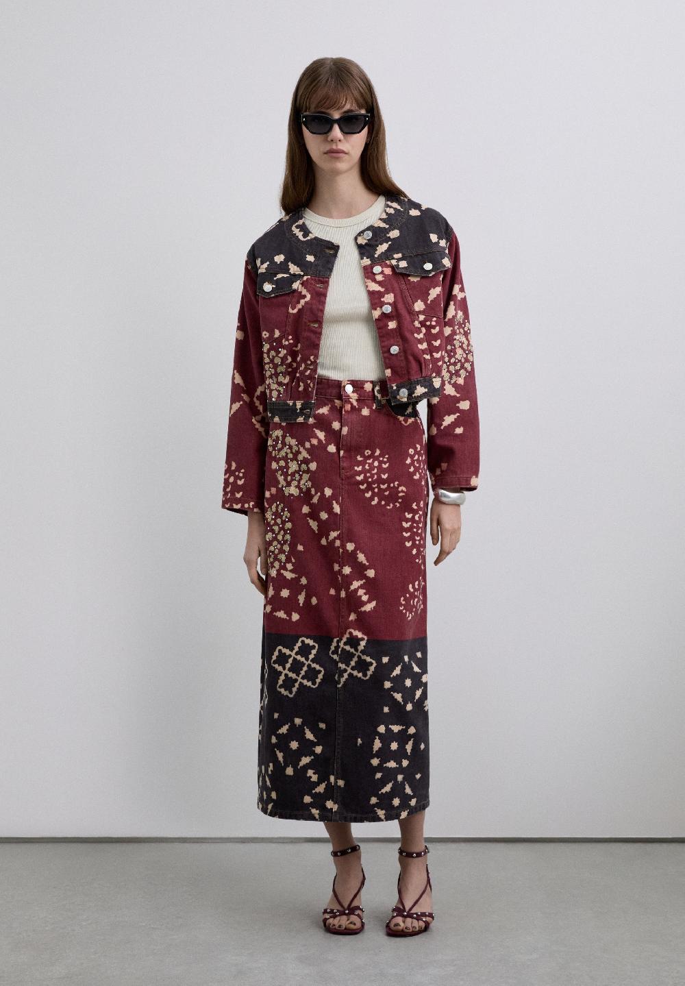 Scalpers PRINTED DENIM SKIRT DARK RED/BROWN