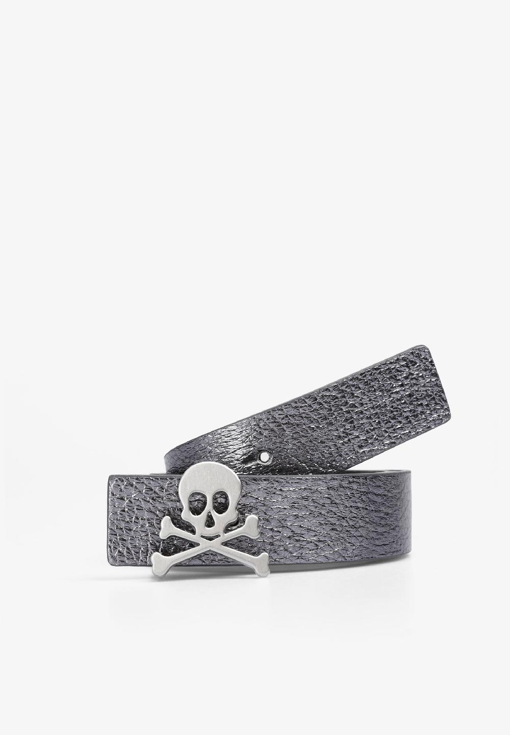 scalpers REVERSIBLE LEATHER BELT WITH SKULL TAUPE