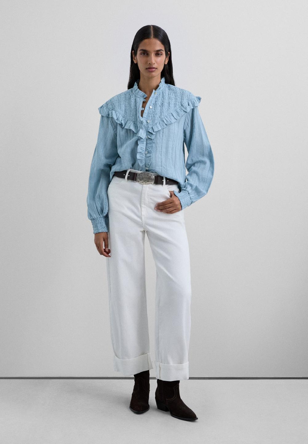 Scalpers RUCHED BLOUSE WITH RUFFLES. LIGHT BLUE