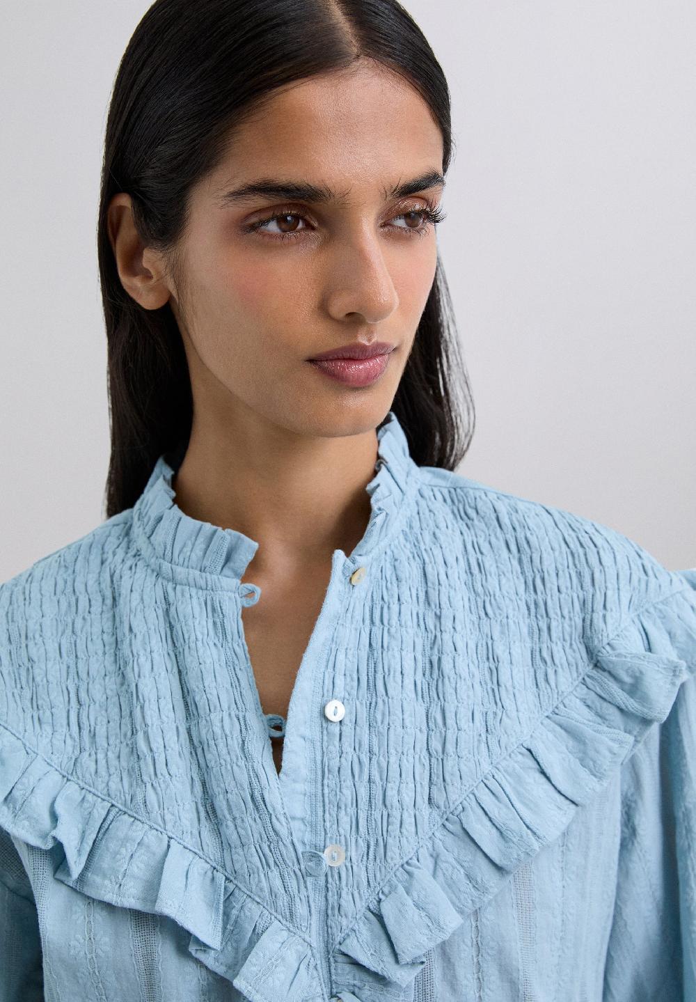 Scalpers RUCHED BLOUSE WITH RUFFLES. LIGHT BLUE