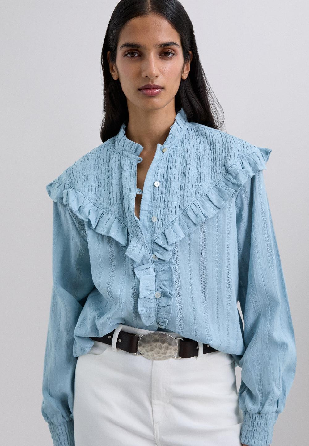 scalpers RUCHED BLOUSE WITH RUFFLES. LIGHT BLUE