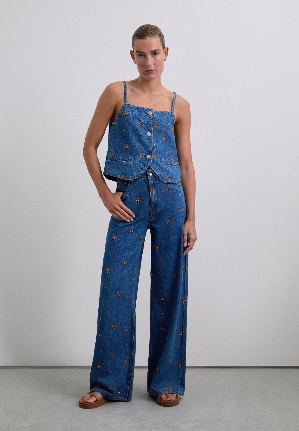 Scalpers STRAIGHT JEANS WITH FLOWERS INDIGO