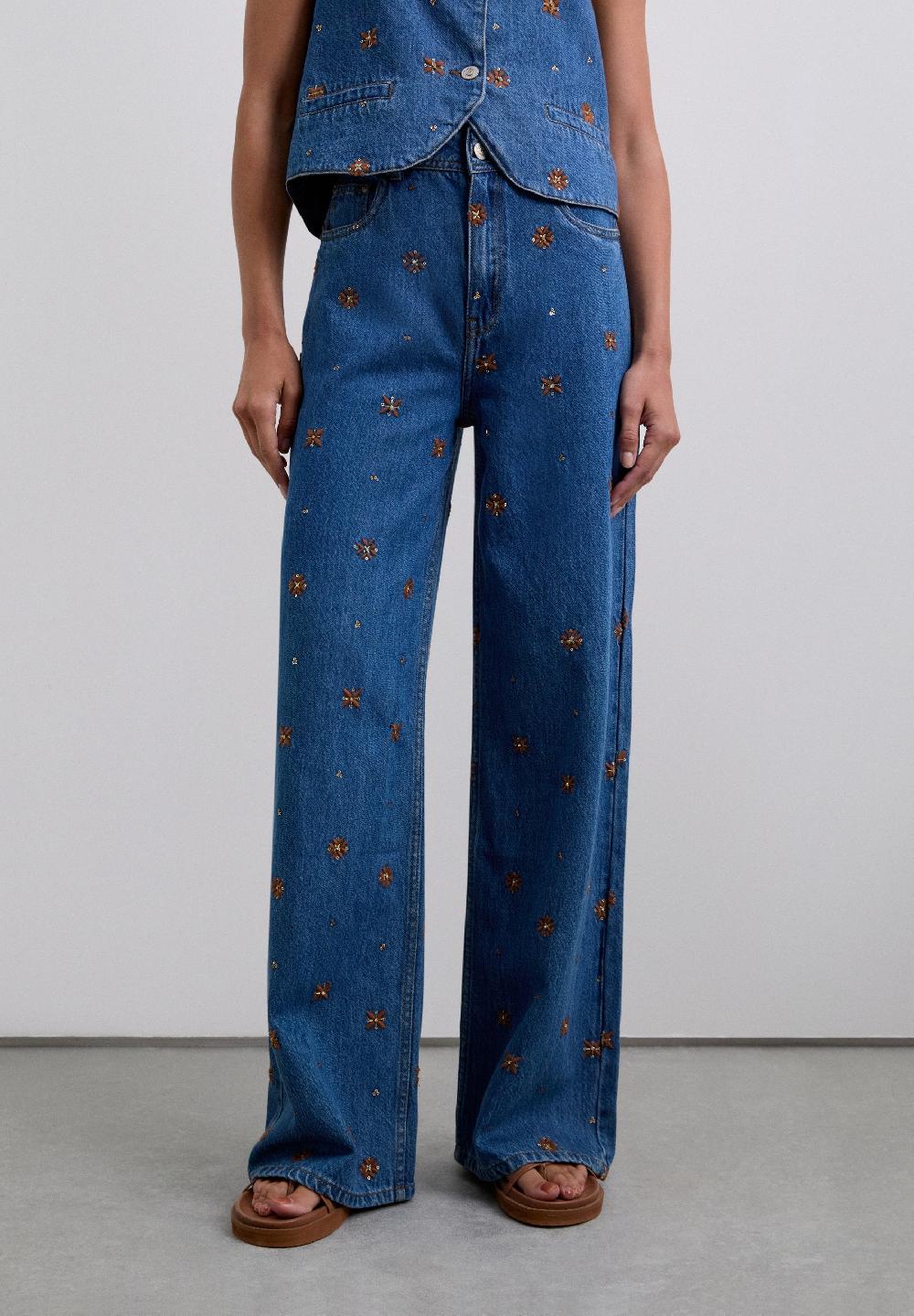 Scalpers STRAIGHT JEANS WITH FLOWERS INDIGO