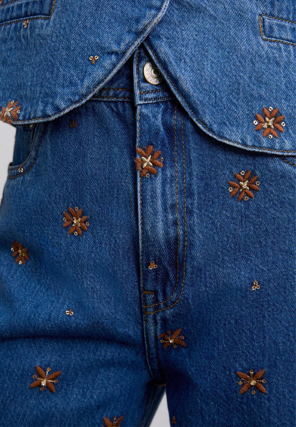 Scalpers STRAIGHT JEANS WITH FLOWERS INDIGO