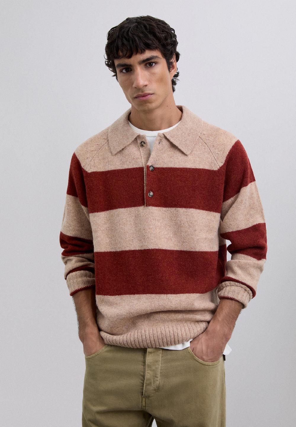 Scalpers STRIPED POLO SWEATER TERRACOTTA