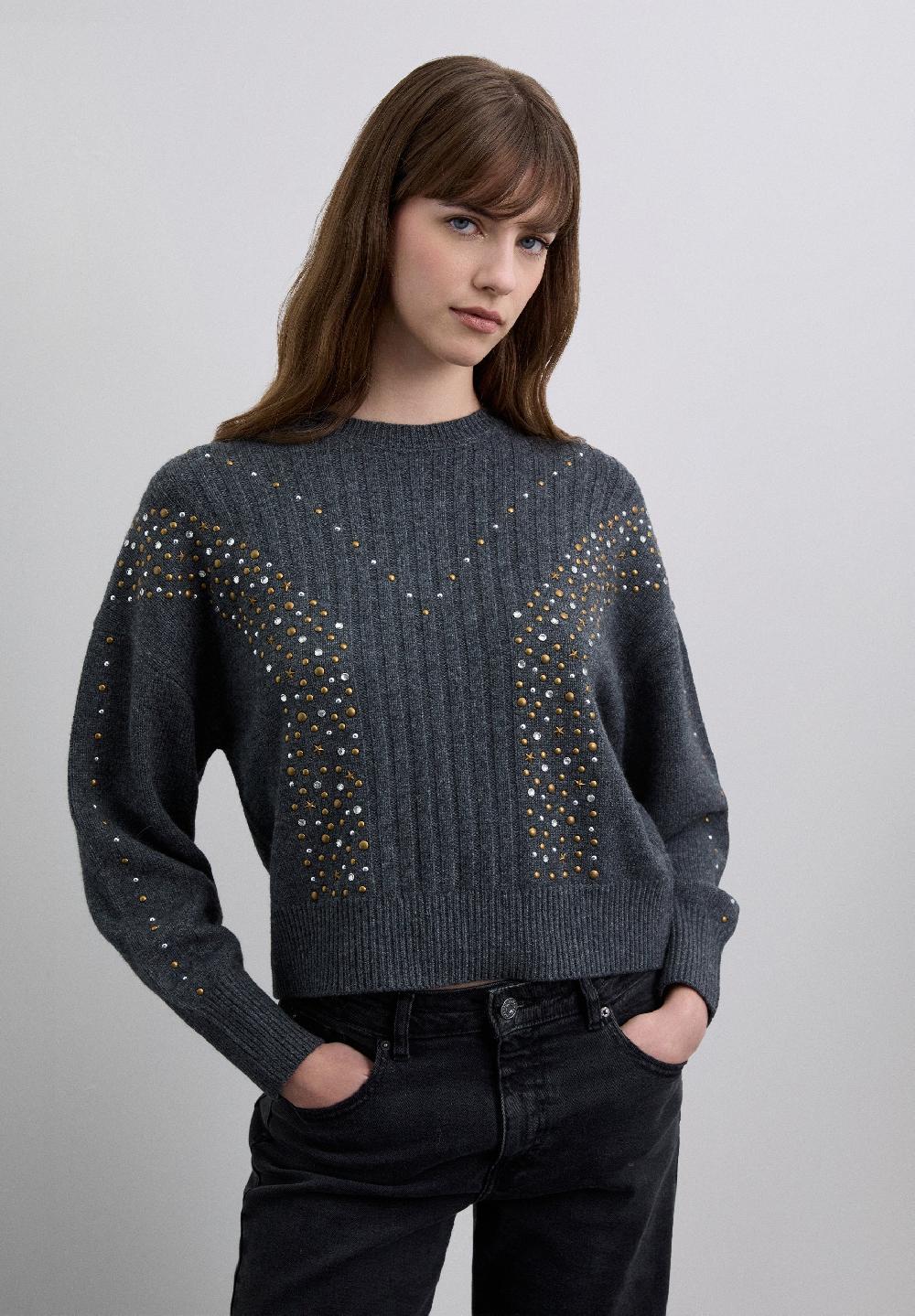 Scalpers STUDDED RIB KNIT SWEATER GREY