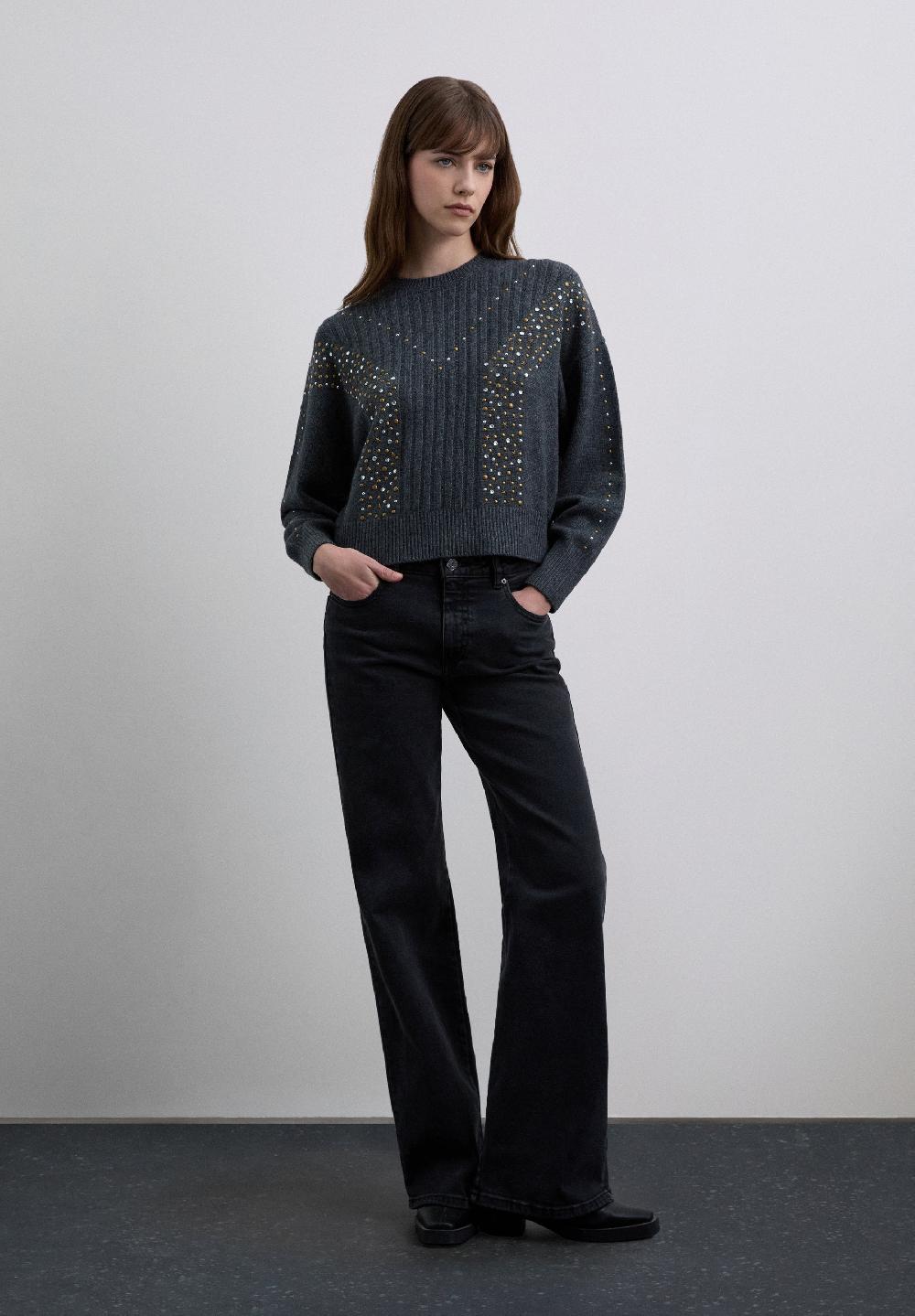 Scalpers STUDDED RIB KNIT SWEATER GREY