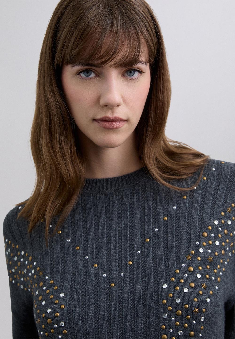 Scalpers STUDDED RIB KNIT SWEATER GREY