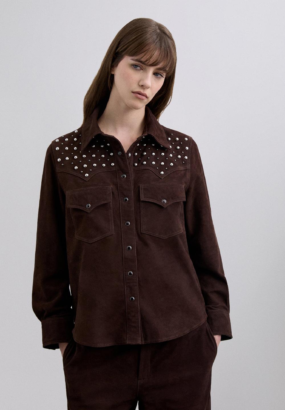 Scalpers SUEDE SHIRT WITH STUDS DARK BROWN