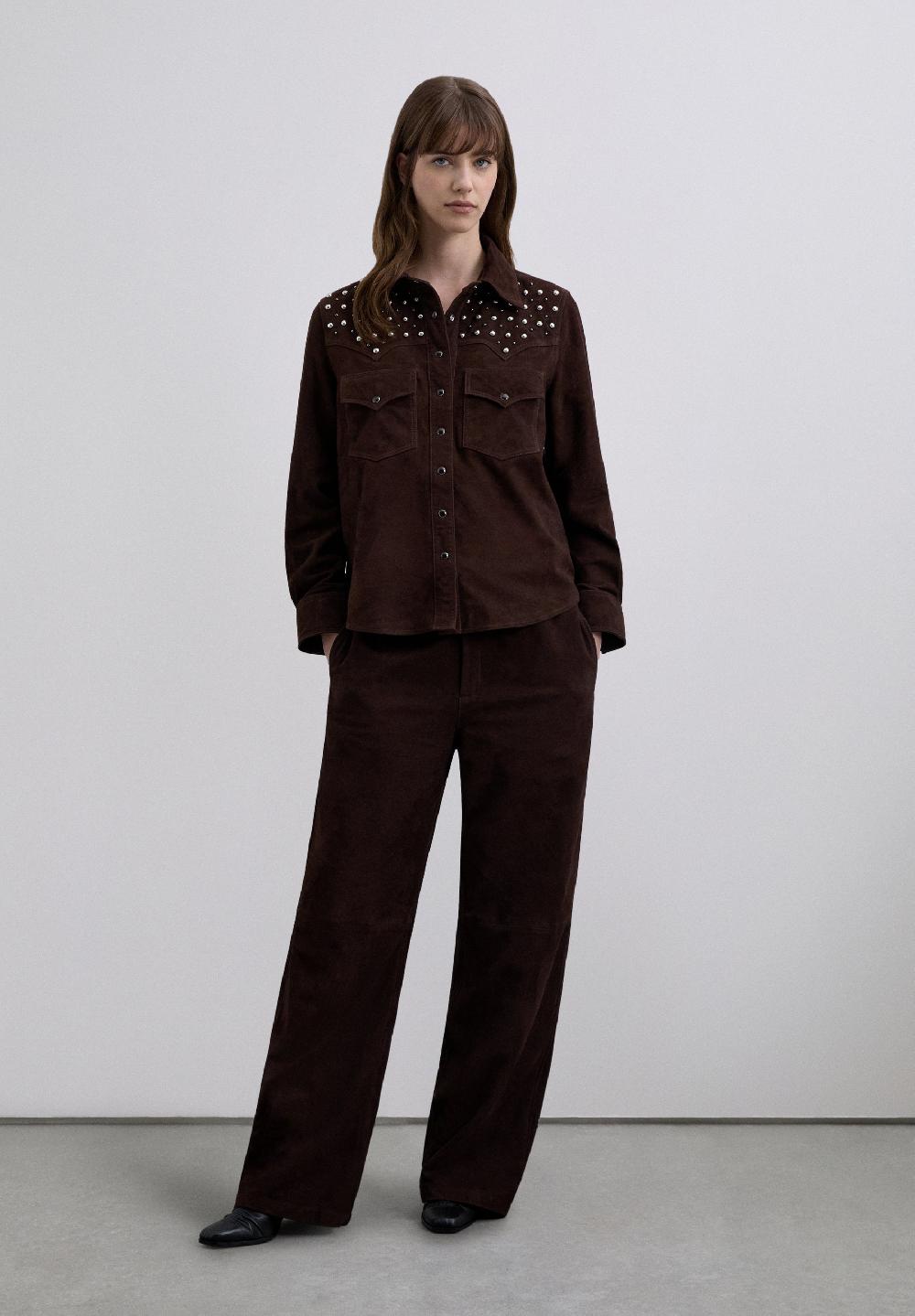 Scalpers SUEDE SHIRT WITH STUDS DARK BROWN