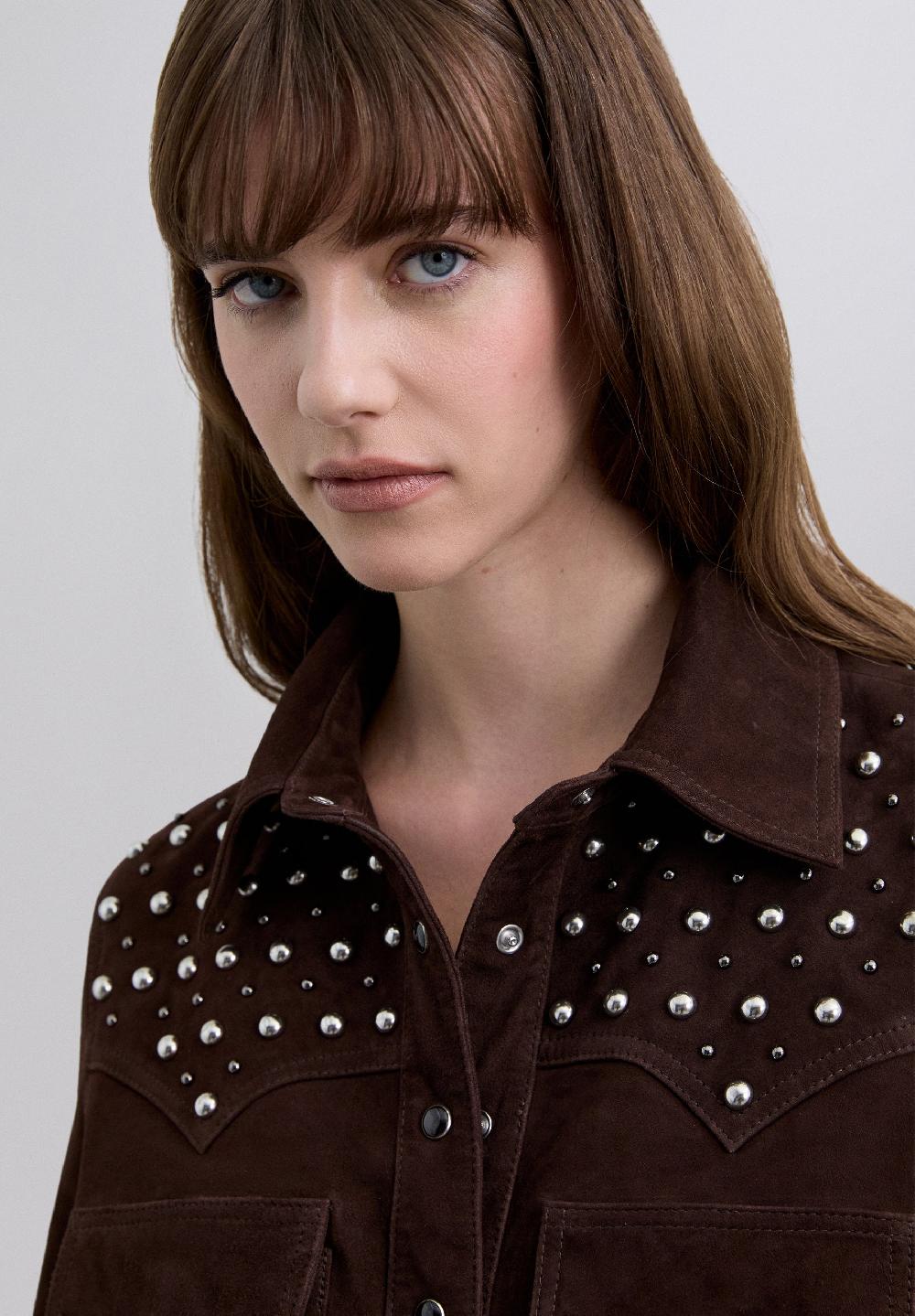 Scalpers SUEDE SHIRT WITH STUDS DARK BROWN