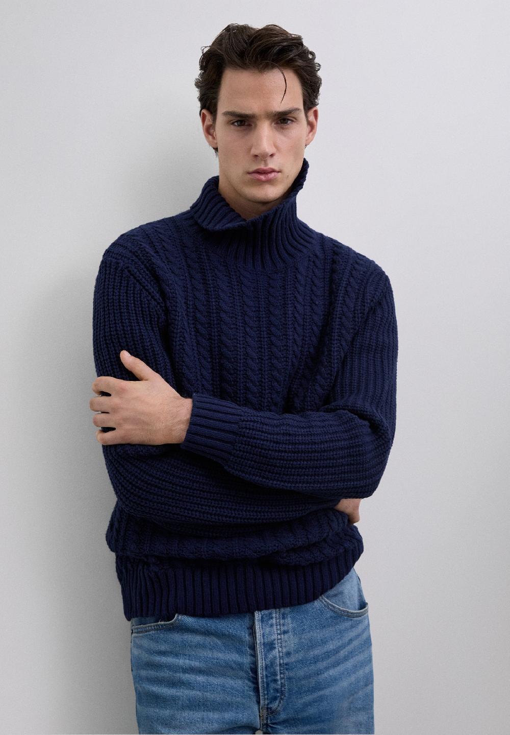 Scalpers SWEATER WITH BRAIDED HIGH COLLAR NAVY