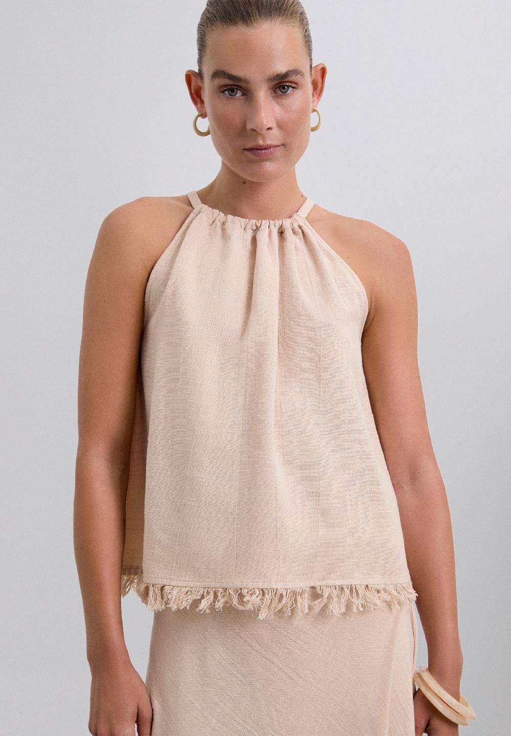 Scalpers TOP WITH FRINGED DETAIL NATURAL