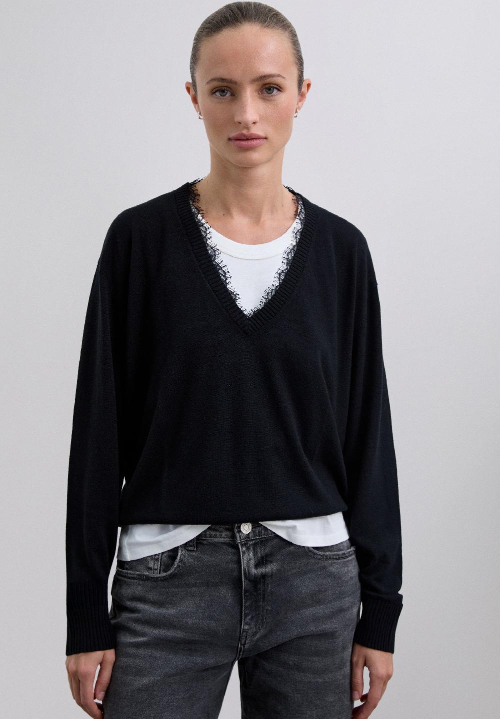 Scalpers V-NECK SWEATER WITH LACE BLACK