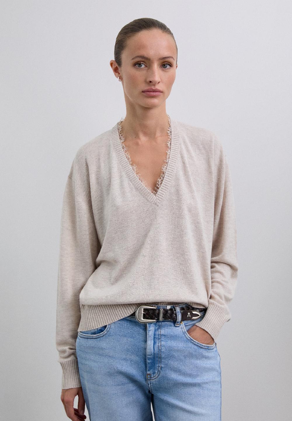 scalpers V-NECK SWEATER WITH LACE NATURAL
