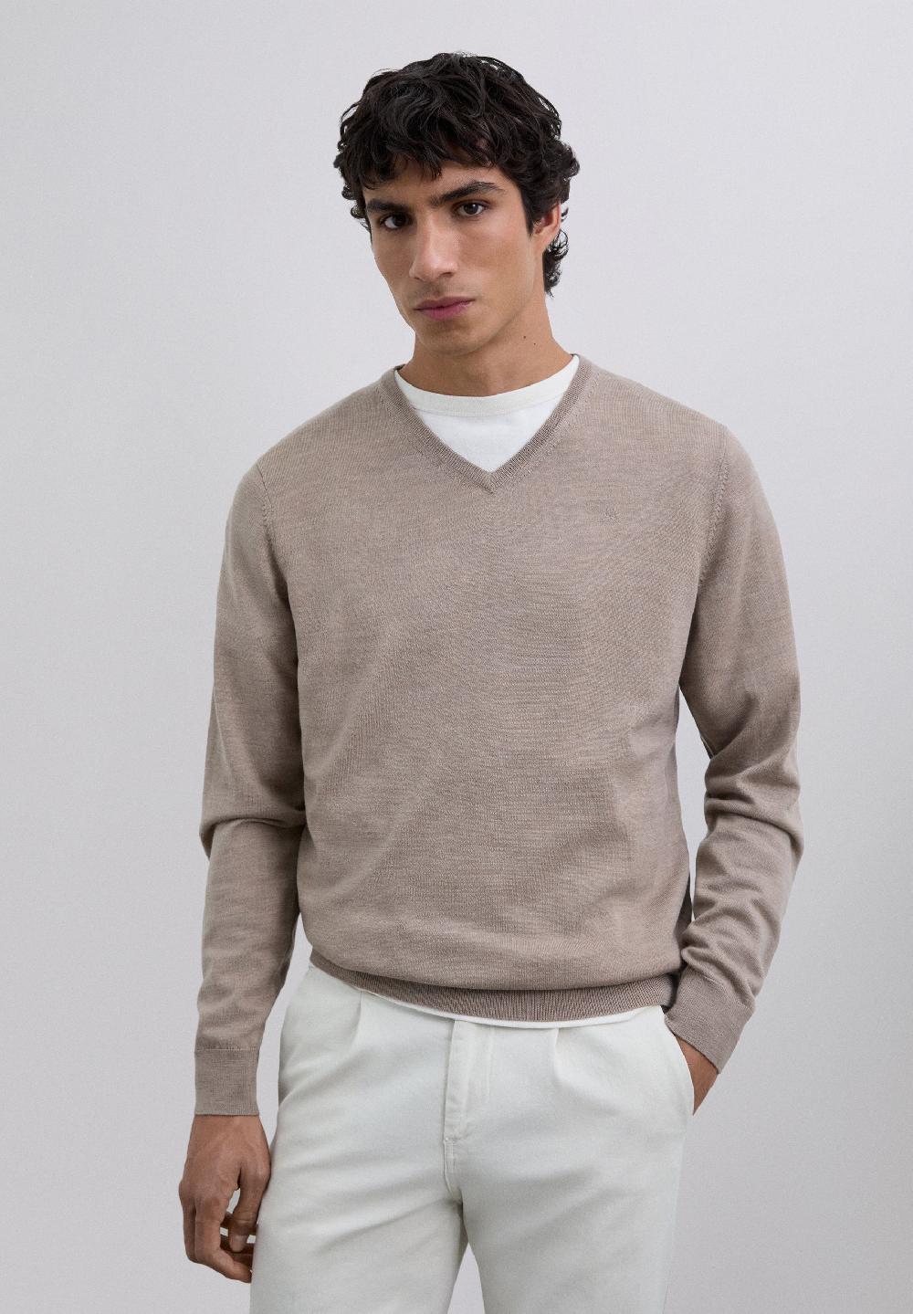 Scalpers V-NECK WOOL SWEATER WITH SKULL TAUPE