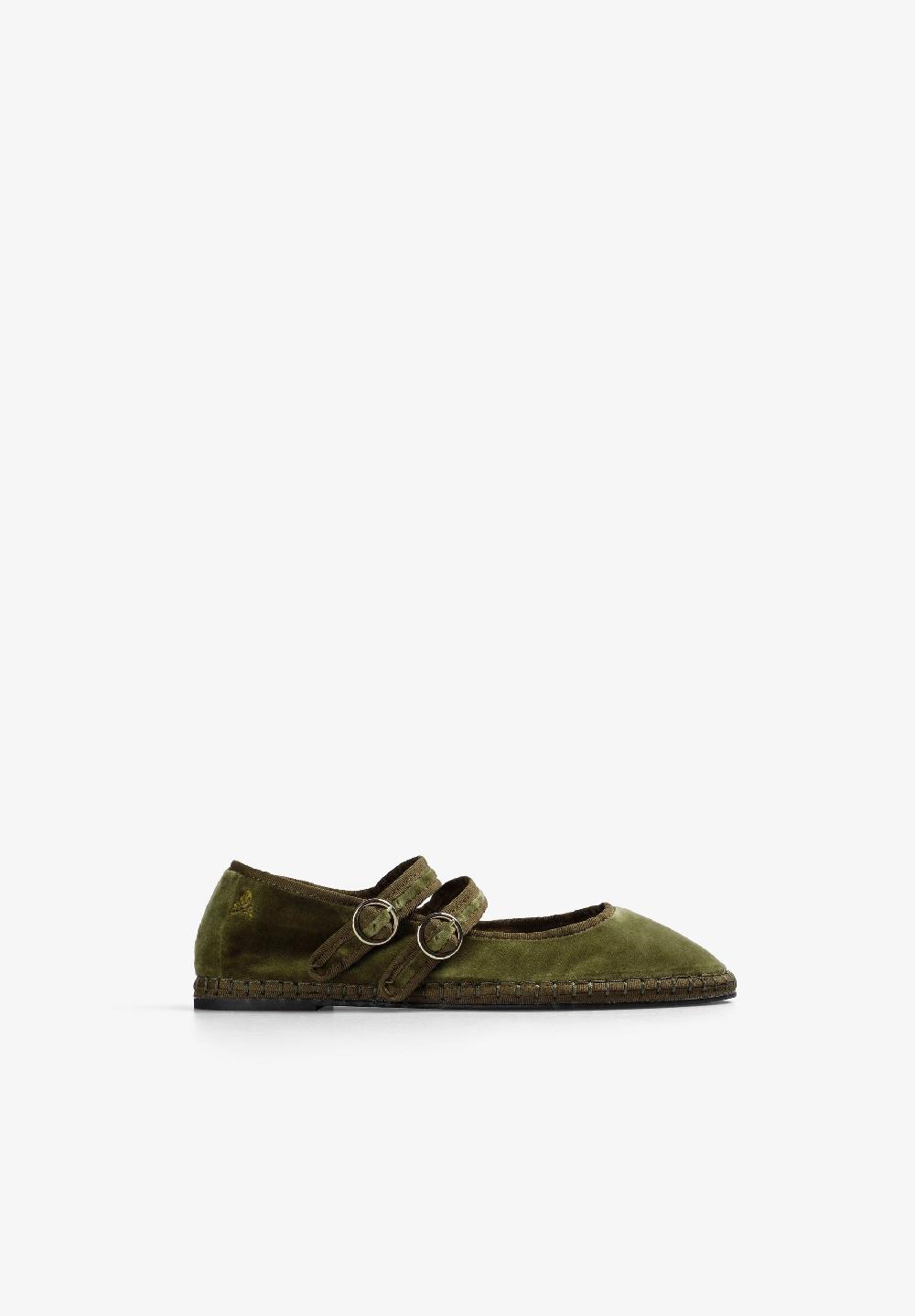 Scalpers VELVET DOUBLE STRAP BALLET FLATS KHAKI