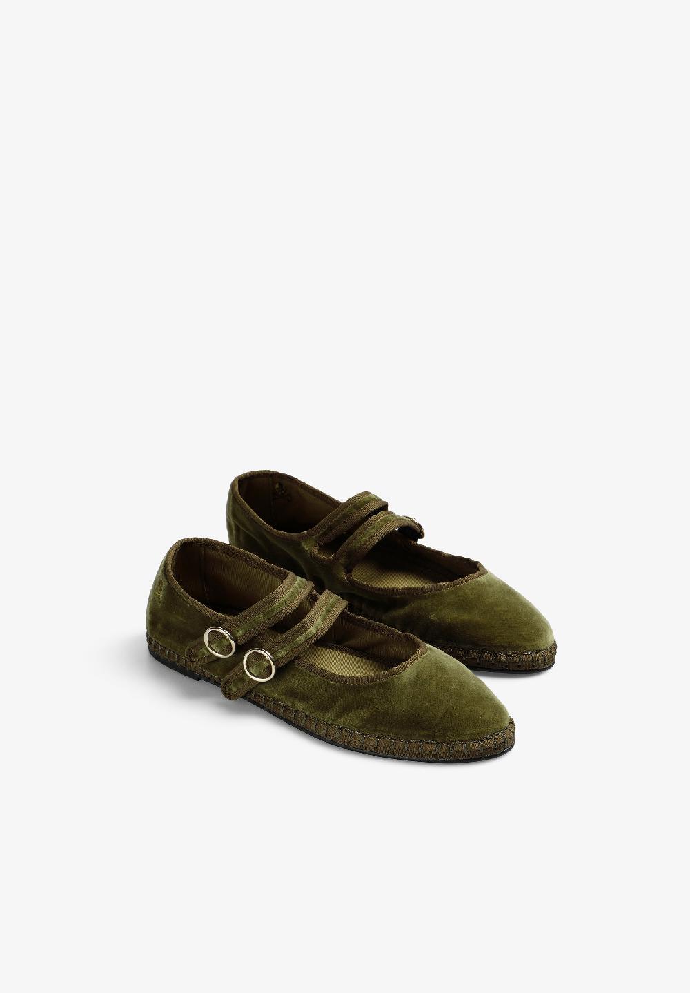 Scalpers VELVET DOUBLE STRAP BALLET FLATS KHAKI
